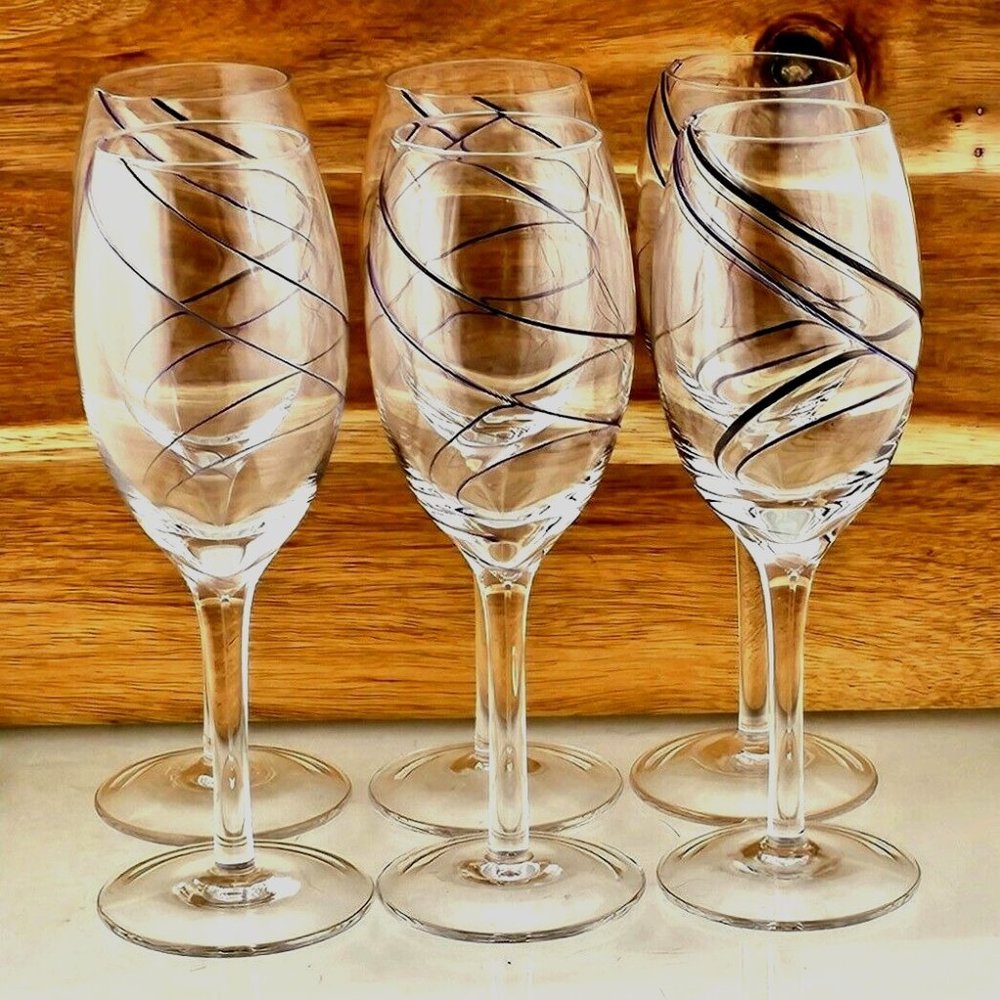 6) Fused Glass Swirl Delicate Double Line Champagne Flutes 8" Glasses blue black